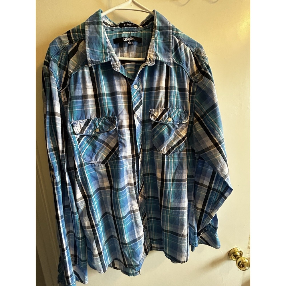 Carbon Mens Button Slim Fit Shirt Sz XL Blue Plaid Long Sleeve Cowboy Western